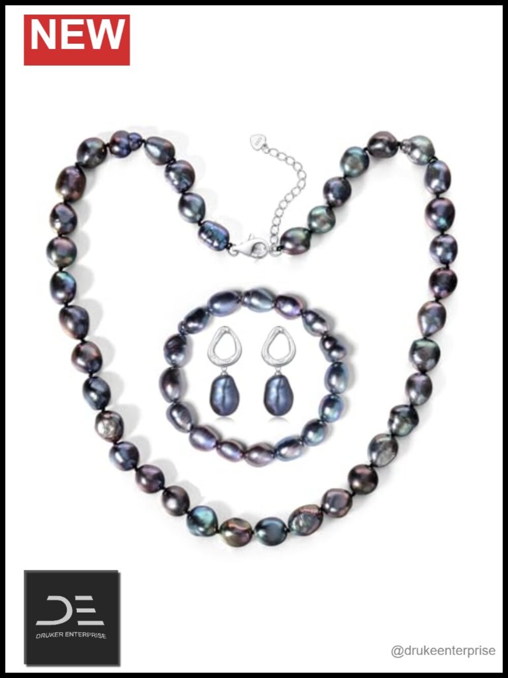 8.5-9MM Cultured Baroque Black Pearl Necklace Bracelet Earrings Set Sterling